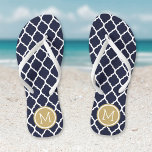 Navy and Gold Moroccan Quatrefoil Monogram Jandals<br><div class="desc">Custom printed flip flop sandals with a stylish Moroccan quatrefoil pattern and your custom monogram or other text in a circle frame. Click Customise It to change text fonts and colours or add your own images to create a unique one of a kind design!</div>