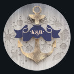 Navy and Gold Nautical Anchor Wedding Classic Round Sticker<br><div class="desc">Golden anchor navy nautical monogram seals</div>