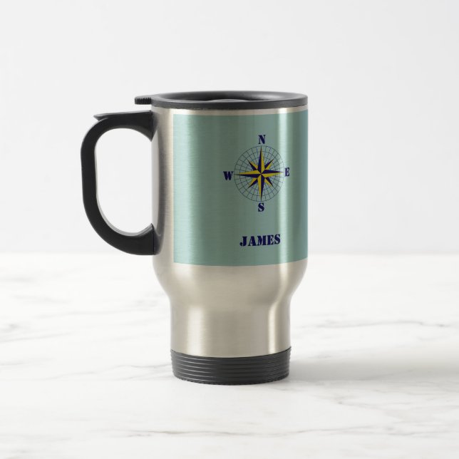 Navy and Gold Nautical Compass Rose with Name Travel Mug (Left)