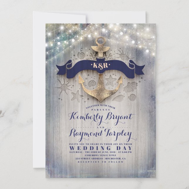 Navy and Gold Nautical Rustic Anchor Beach Wedding Invitation (Front)