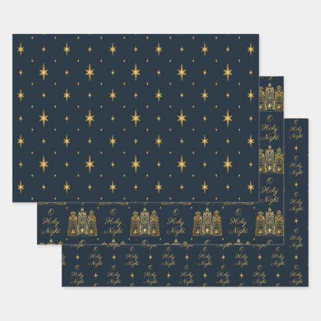 Navy and Gold O Holy Night Three Wise Men Wrapping Paper Sheet (Set)