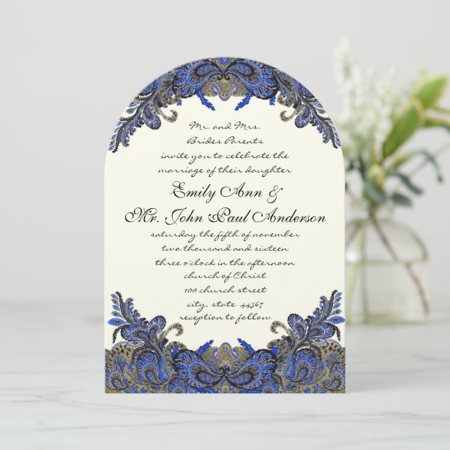 Navy and Gold Paisley Peacock Wedding Invitation (Standing Front)