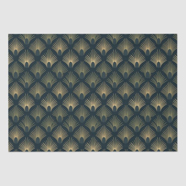 Navy and Gold Palm-Peacock Art Deco Tissue Paper (Front)
