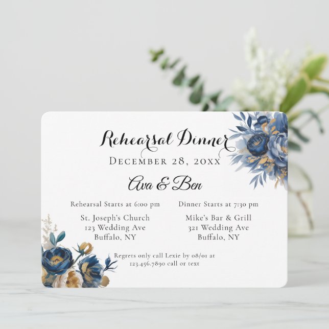 Navy and Gold Peony Flowers Rehearsal Dinner Invitation (Standing Front)