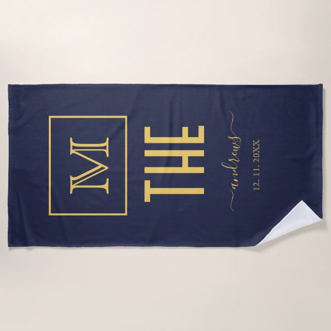 Navy and Gold Personalised Monogram and Name Beac Beach Towel (Front)