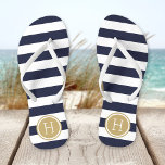 Navy and Gold Preppy Stripes Monogram<br><div class="desc">Custom printed flip flop sandals with a preppy nautical stripe pattern and your custom monogram or other text in a circle frame. Click Customise It to change text fonts and colours or add your own images to create a unique one of a kind design!</div>
