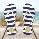 Navy and Gold Preppy Stripes Monogram Jandals<br><div class="desc">Custom printed flip flop sandals with a preppy nautical stripe pattern and your custom monogram or other text in a circle frame. Click Customise It to change text fonts and colours or add your own images to create a unique one of a kind design!</div>