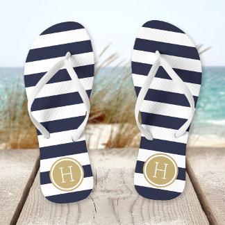 Navy and Gold Preppy Stripes Monogram Jandals