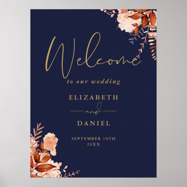 Navy And Gold Rustic Floral Wedding Welcome Sign (Front)