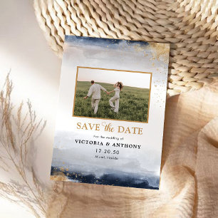Navy and Gold Save The Date with Photo Card