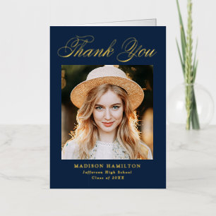Navy and Gold Script Photo Graduation Thank You Foil Greeting Card