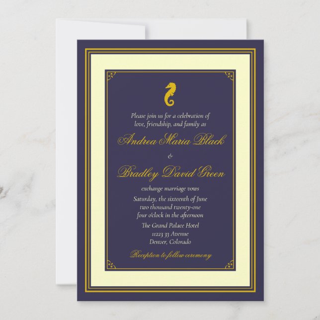 Navy and Gold Seahorse Nautical Wedding Invitation (Front)