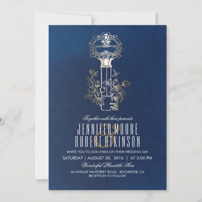 Navy and Gold Skeleton Key Vintage Wedding Invitation (Front)