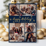 Navy and Gold Snowflake 5 Photo Collage Christmas Holiday Card<br><div class="desc">Modern Elegant Calligraphy Navy and Gold Snowflakes 5 Photo Collage Merry Christmas Script Holiday Card. This festive, minimalist, five (5) photo holiday greeting card template features a pretty grid photo collage, some snowflake and says „Merry Christmas”! The whimsical „Merry Christmas” greeting text is written in a beautiful hand lettered brush...</div>