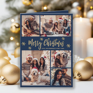 Navy and Gold Snowflake 6 Photo Collage Christmas Holiday Card