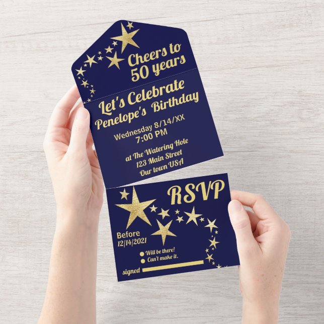 Navy and Gold Stars Cheers to 50 Years Birthday  All In One Invitation (Tearaway)