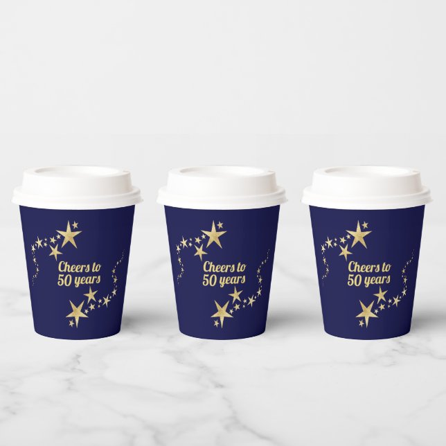 Navy and Gold Stars Cheers to 50 Years Birthday   Paper Cups (Multi)