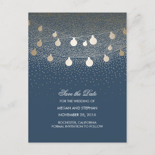 Navy and Gold String Lights save the date Announcement Postcard