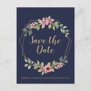 Navy and Gold terrarium botanical Save the Date Announcement Postcard