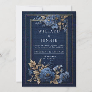Navy and Gold Textured Floral Wedding Invitation