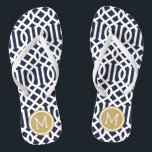 Navy and Gold Trellis Monogram Jandals<br><div class="desc">Custom printed flip flop sandals with a stylish modern trellis pattern and your custom monogram or other text in a circle frame. Click Customise It to change text fonts and colours or add your own images to create a unique one of a kind design!</div>