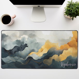 Navy And Gold Watercolor Abstract Personalised Desk Mat