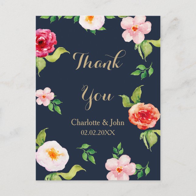 navy and gold watercolor flowers wedding postcard (Front)