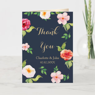 navy and gold watercolor flowers wedding thank you card
