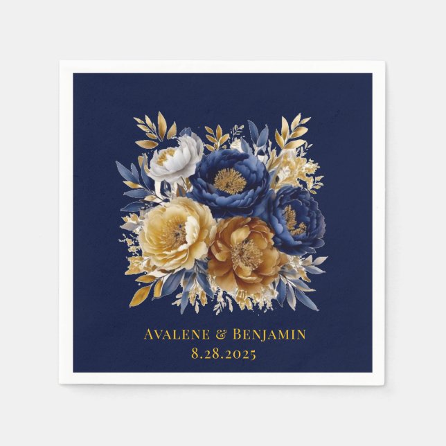 Navy And Gold Watercolor Peony Bouquet Wedding Napkin (Front)