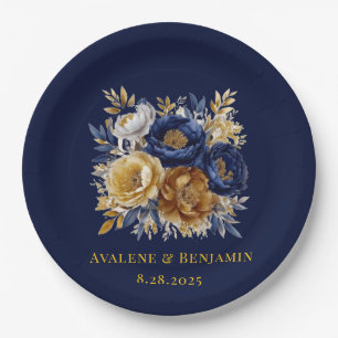Navy And Gold Watercolor Peony Bouquet Wedding Paper Plate