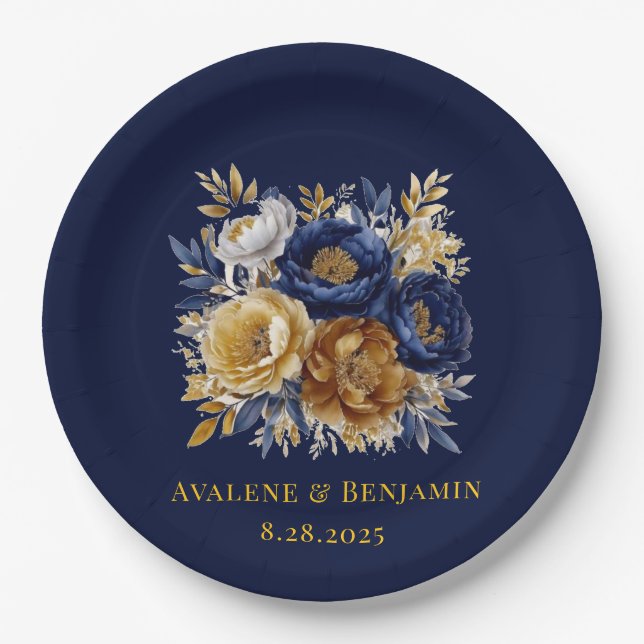 Navy And Gold Watercolor Peony Bouquet Wedding Paper Plate (Front)