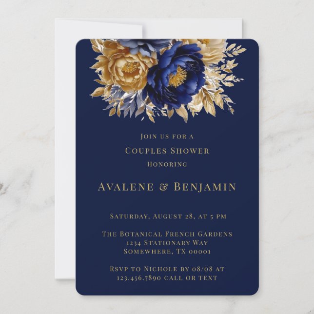 Navy and Gold Watercolor Peony Couples Shower Invitation (Front)