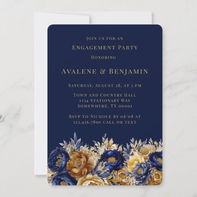 Navy And Gold Watercolor Peony Engagement Party Invitation (Front)