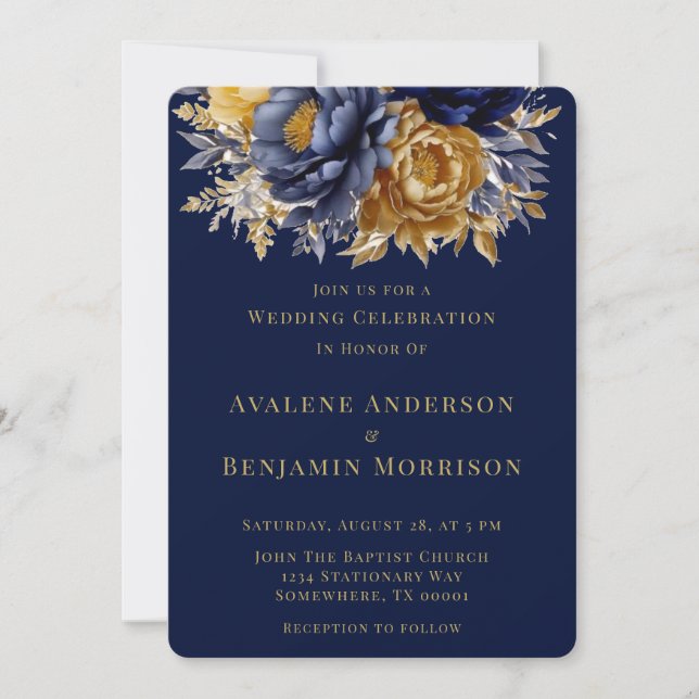 Navy and Gold Watercolor Peony Wedding Celebration Invitation (Front)