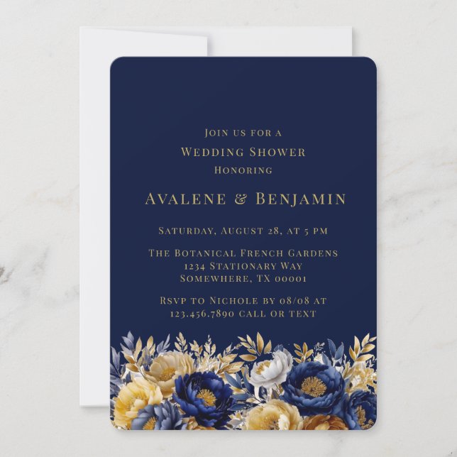 Navy and Gold Watercolor Peony Wedding Shower Invitation (Front)