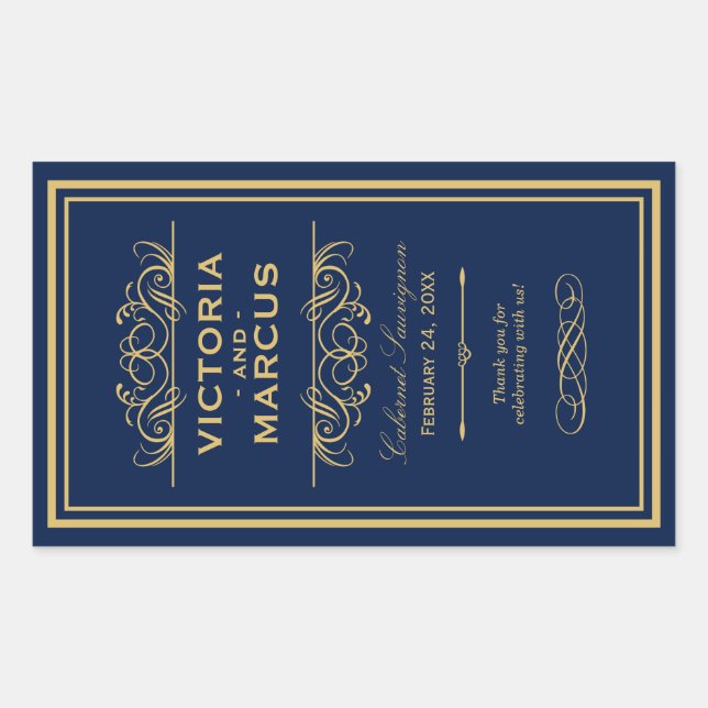 Navy and Gold Wedding Wine Bottle Monogram Favour Rectangular Sticker (Front)