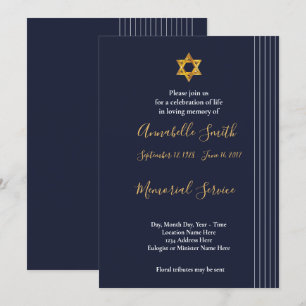 Navy and Golden Star of David   Loving Memory Invitation