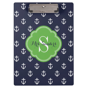 Navy and Green Anchors Custom Monogram Clipboard