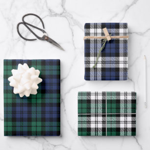Navy and Green Black Watch Plaid Merry Christmas Wrapping Paper Sheet