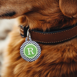 Navy and Green Chevron Monogram Pet Tag