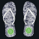 Navy and Green Floral Damask Monogram Jandals<br><div class="desc">Custom printed flip flop sandals with a stylish elegant floral damask pattern and your custom monogram or other text in a circle frame. Click Customise It to change text fonts and colours or add your own images to create a unique one of a kind design!</div>