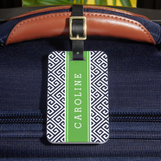 Navy and Green Greek Key Custom Monogram Luggage Tag