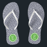 Navy and Green Greek Key Monogram Jandals<br><div class="desc">Custom printed flip flop sandals with a stylish modern Greek key pattern and your custom monogram or other text in a circle frame. Click Customise It to change text fonts and colours or add your own images to create a unique one of a kind design!</div>