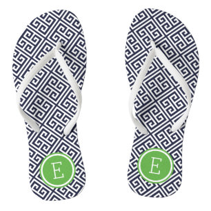 Navy and Green Greek Key Monogram Jandals