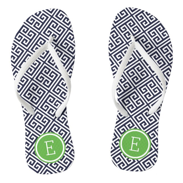 Navy and Green Greek Key Monogram Jandals (Footbed)