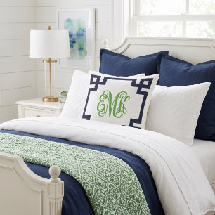 Navy and Green Greek Key Script Monogram Cushion