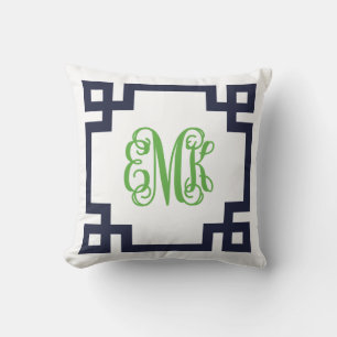 Navy and Green Greek Key Script Monogram Cushion