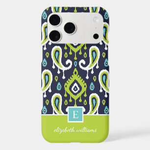Navy and Green Ikat Paisley Monogram