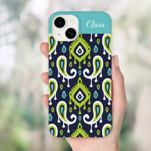 Navy and Green Ikat Paisley Monogram Case-Mate iPhone 14 Case
