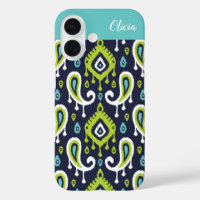 Navy and Green Ikat Paisley Monogram